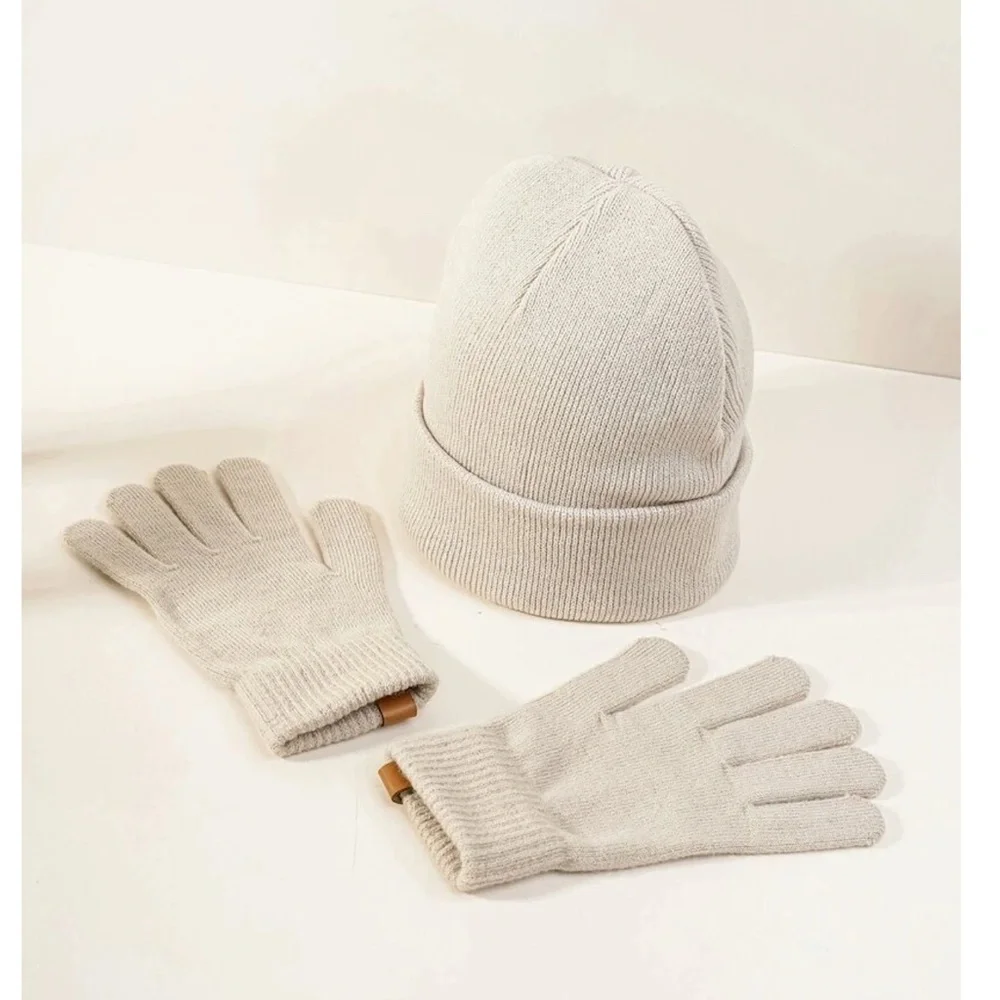 Knit Beanie Hat and Gloves Set in Beige - Picture 2 of 3